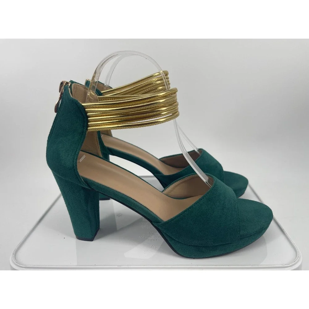 Green Faux Suede Platform Sandals Gold Ankle Cuff Block Heel Women Size 40 9